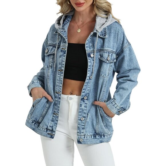 Women’s Oversized Denim Jacket Hood Ripped Distressed Casual Street Wear - Picture 3 of 7